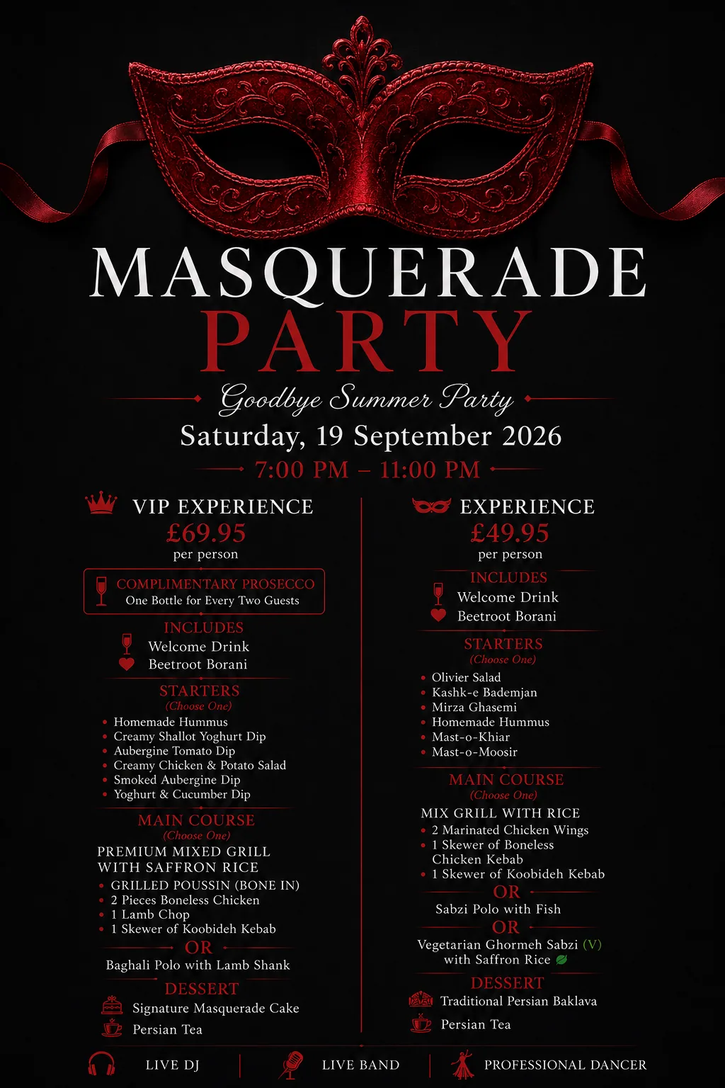 🎭 MASQUERADE PARTY 🎭Goodbye Summer Party set menu