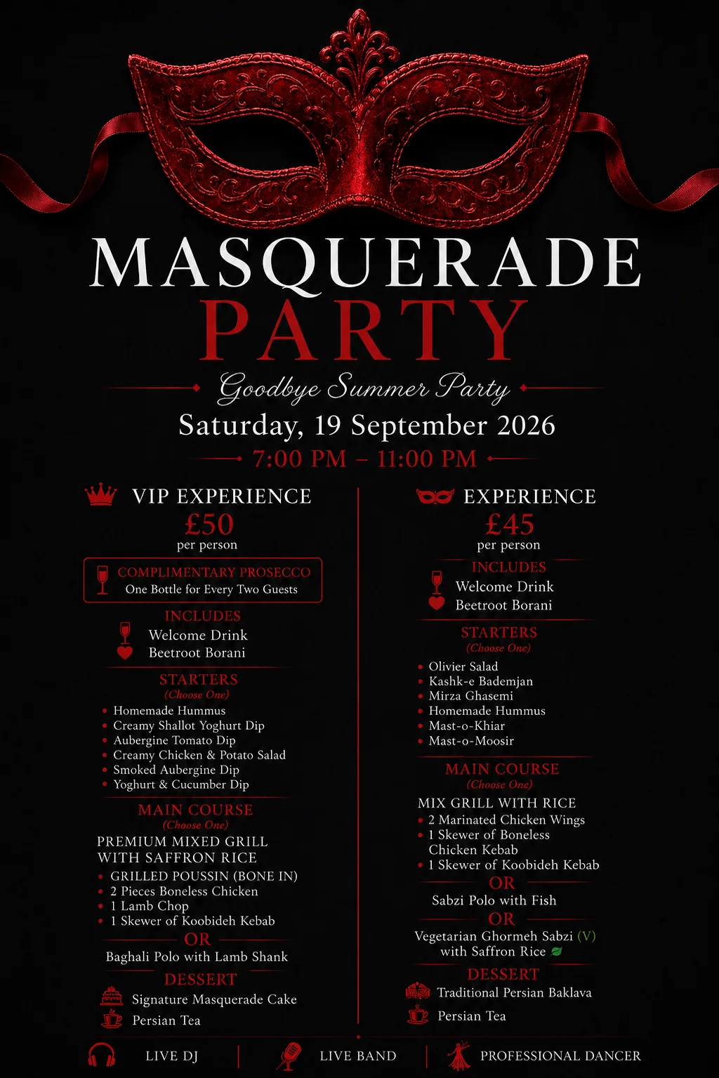 🎭 MASQUERADE PARTY 🎭Goodbye Summer Party set menu