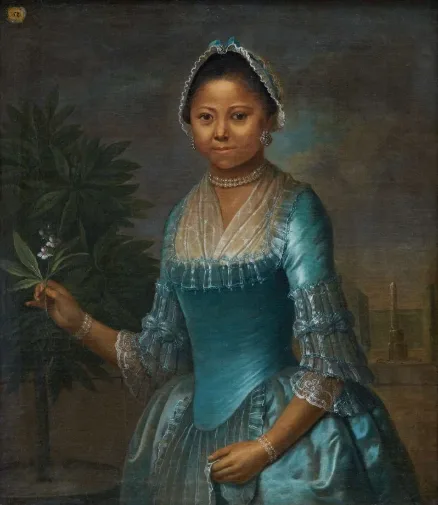 Portrait d'une jeune femme noire en buste, vêtue d'une robe du XVIIIe siècle.