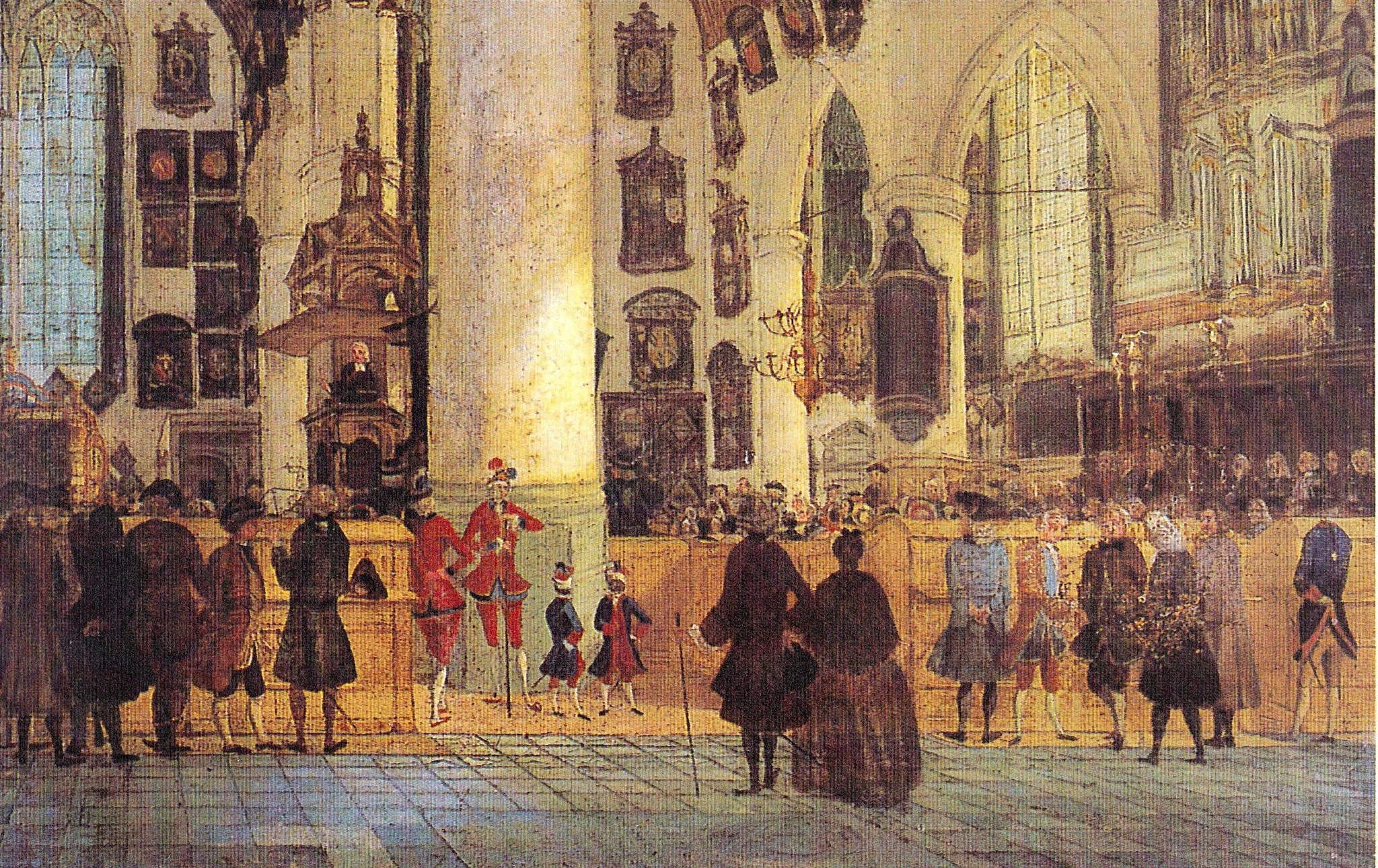 Intérieur d'une grande église aux voûtes claires ; parmi les personnages, deux enfants noirs.