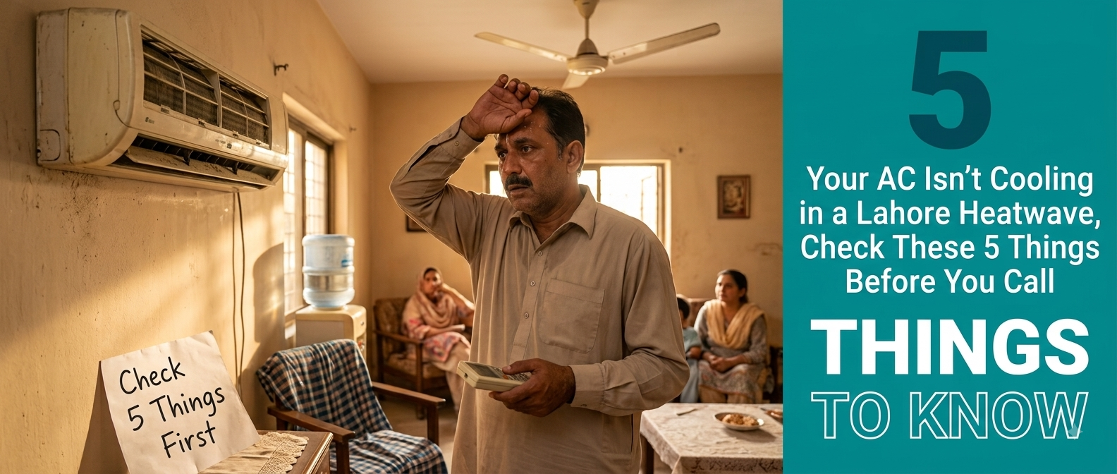Cleaning a dusty split-AC filter in a Lahore living room