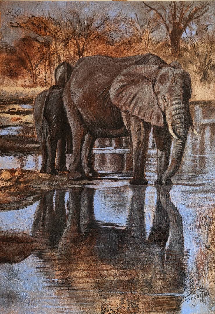 Reflections of Giants – portrait-format original artwork by Ssegujja Godfrey